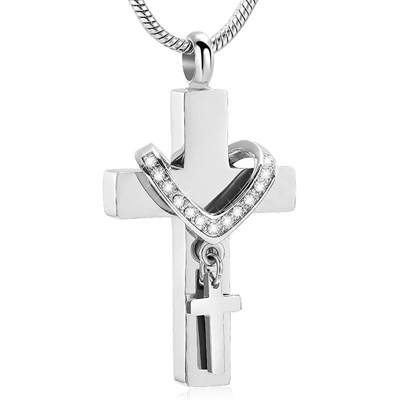 Stainless Steel Double Cross Charm Pet Animal Urn Necklace