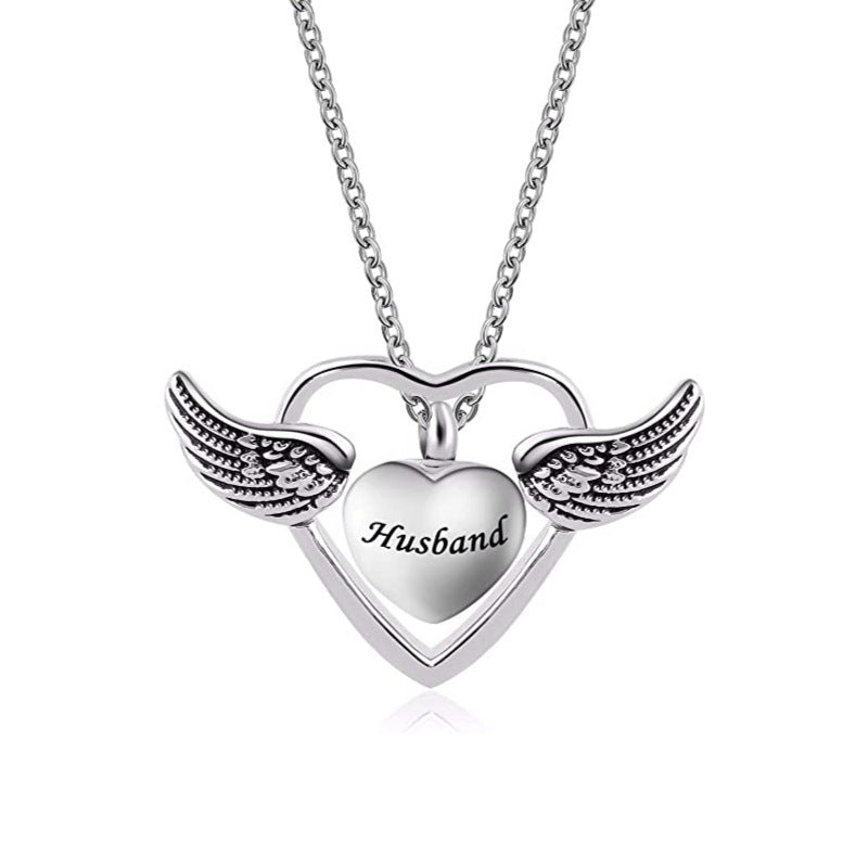 Family Memorial Jewelry Angel Wings Love Embossed Titanium Steel Necklace