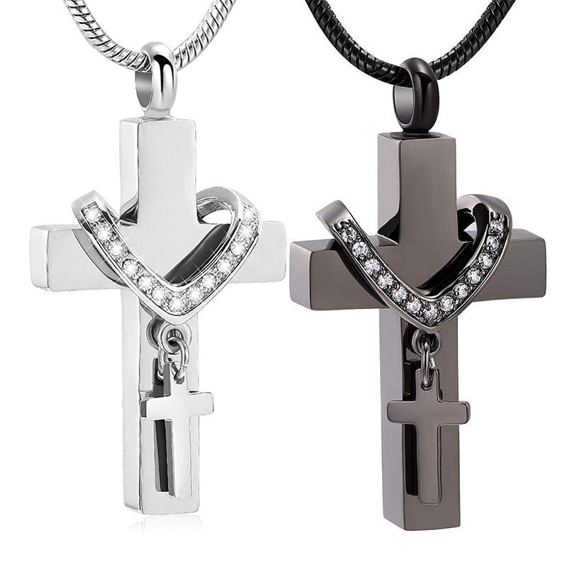 Stainless Steel Double Cross Charm Pet Animal Urn Necklace