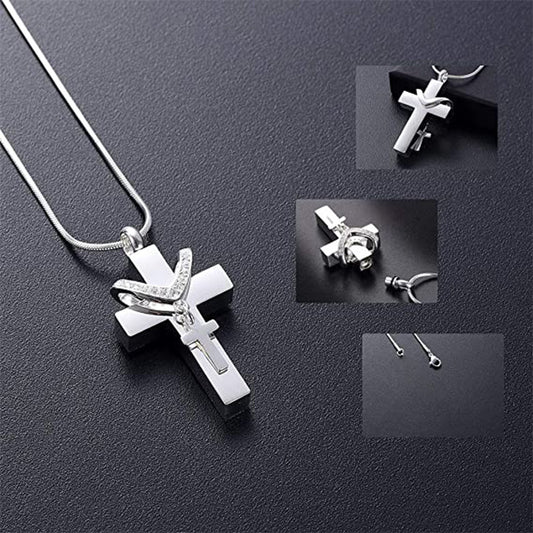 Stainless Steel Double Cross Charm Pet Animal Urn Necklace