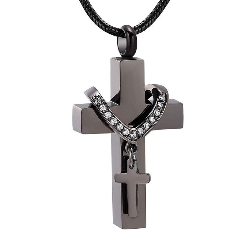 Stainless Steel Double Cross Charm Pet Animal Urn Necklace