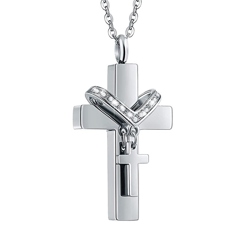 Stainless Steel Double Cross Charm Pet Animal Urn Necklace